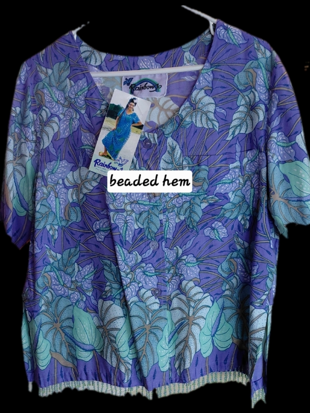 NWT Rainbow Jo Beaded Buttoned Tropical Leaf Patterned Top Sz Med